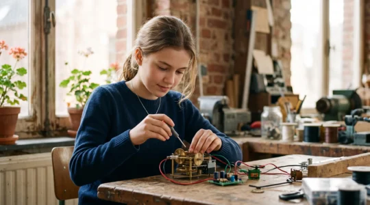 Jeune fille belge concentrée devant une construction technique, symbole de l'orientation vers les sciences et l'ingénierie