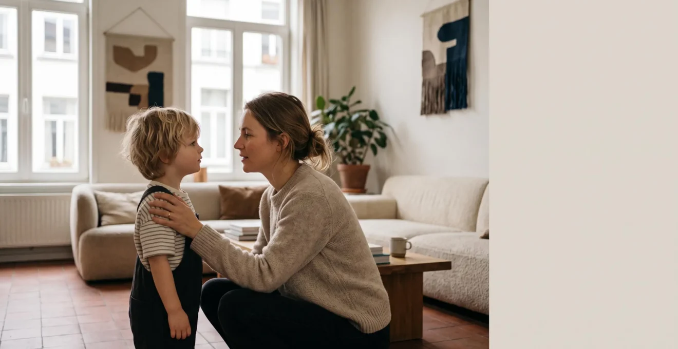 Une mère agenouillée au niveau des yeux de son enfant dans un salon lumineux typique d'une maison belge, incarnant calme et autorité bienveillante