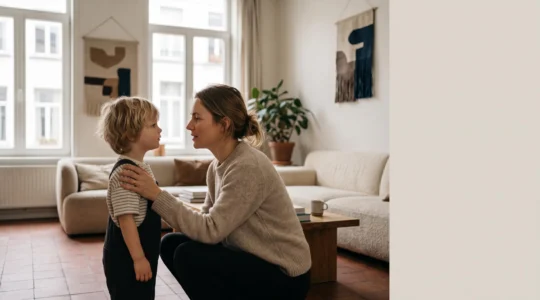 Une mère agenouillée au niveau des yeux de son enfant dans un salon lumineux typique d'une maison belge, incarnant calme et autorité bienveillante