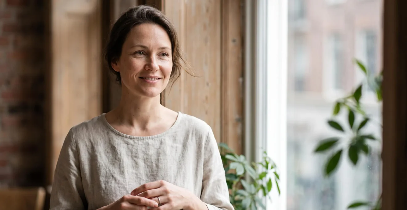 Portrait rapproché d'une femme au teint lumineux et naturel, éclairée par une douce lumière de fenêtre typique d'un intérieur belge