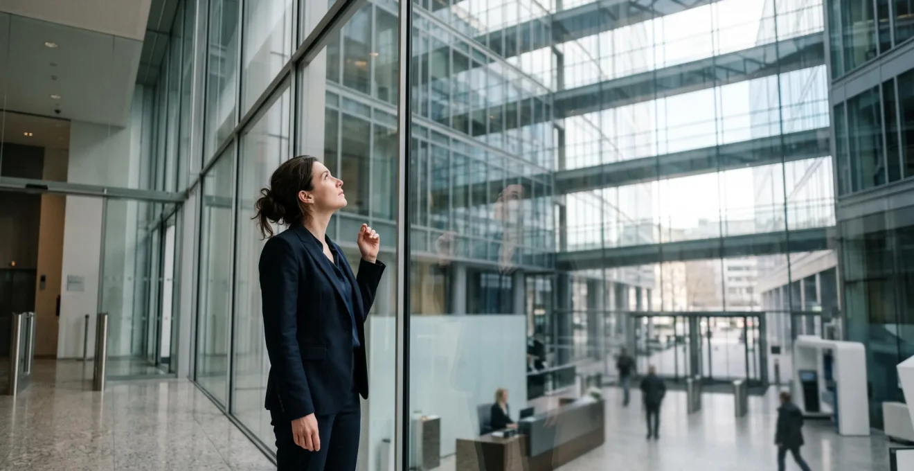 Femme cadre observant à travers une paroi vitrée un immeuble de bureaux, symbolisant le plafond de verre professionnel en Belgique