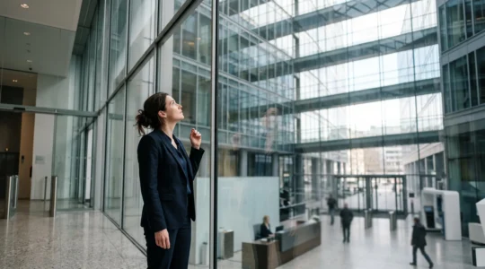 Femme cadre observant à travers une paroi vitrée un immeuble de bureaux, symbolisant le plafond de verre professionnel en Belgique