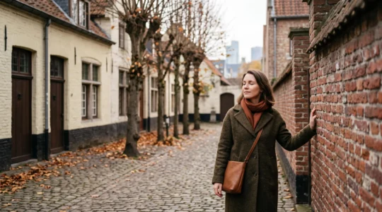 Femme contemplative debout dans une cour tranquille inspirée d'un béguinage belge, en lumière naturelle douce, symbolisant la reconnexion à soi loin du bruit numérique