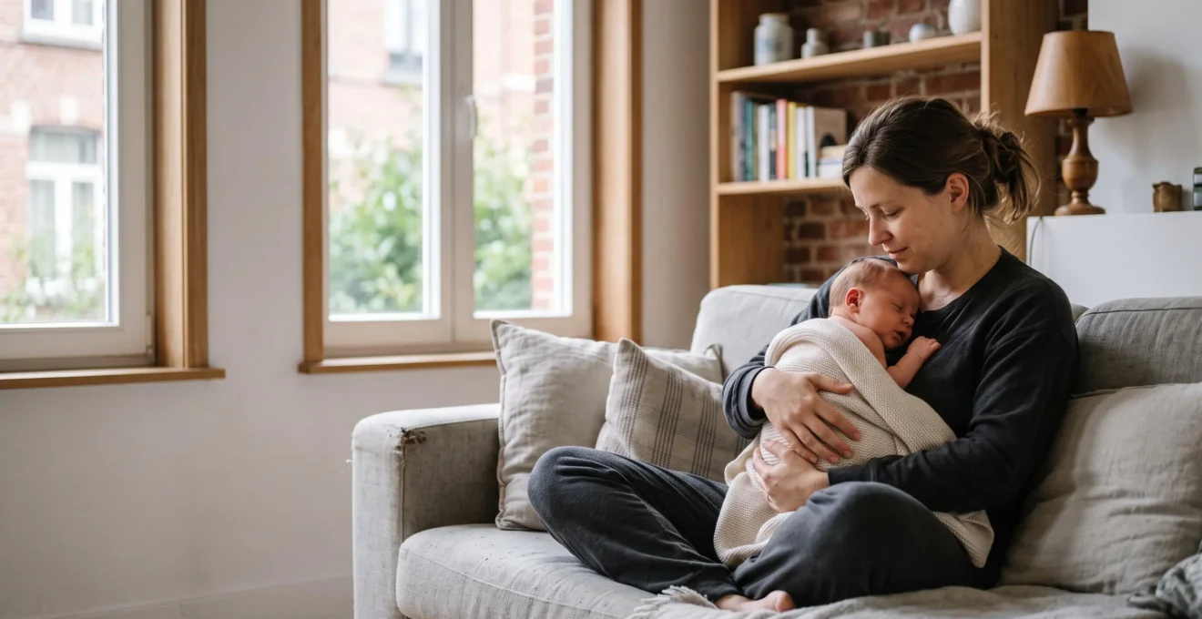 Jeune mere se reposant paisiblement pres d'une fenetre lumineuse, symbolisant la recuperation post-partum en Belgique