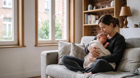 Jeune mere se reposant paisiblement pres d'une fenetre lumineuse, symbolisant la recuperation post-partum en Belgique