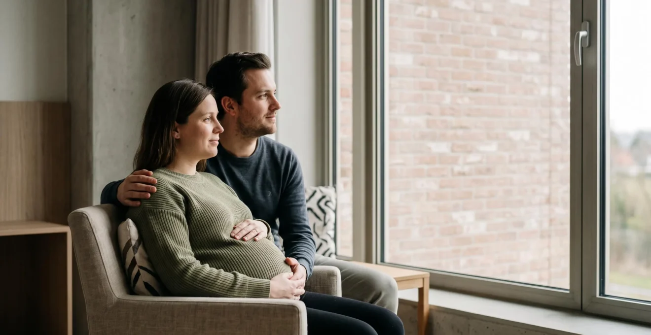 Future mère belge relisant sereinement son projet de naissance avec son partenaire avant l'accouchement