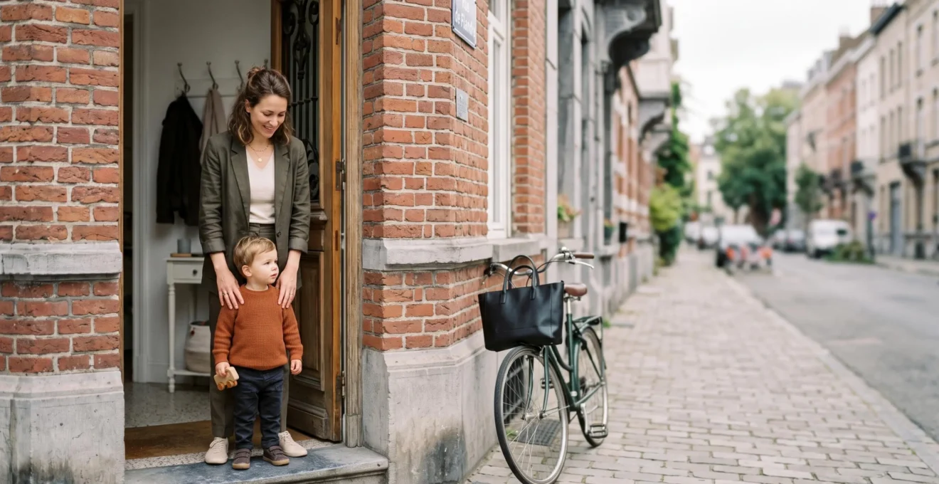 Jeune mère active en Belgique tenant la main de son enfant à la frontière symbolique entre la maison et le bureau, incarnant l'équilibre entre vie professionnelle et maternité