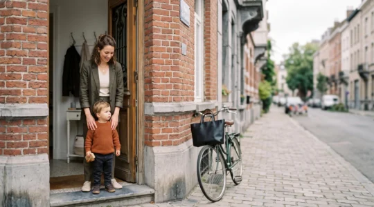 Jeune mère active en Belgique tenant la main de son enfant à la frontière symbolique entre la maison et le bureau, incarnant l'équilibre entre vie professionnelle et maternité