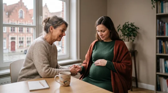 Une sage-femme accompagnant avec bienveillance une femme enceinte lors d'une consultation en Belgique