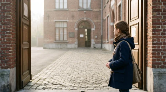Jeune fille dans une cour d'école belge en briques rouges, symbole d'une scolarité égalitaire et pleine de possibles