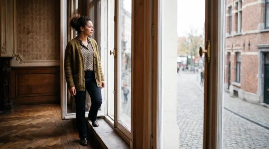 Silhouette d'une femme se tenant dans l'embrasure d'une fenêtre de maison bruxelloise, entre ombre et lumière, symbole de libération