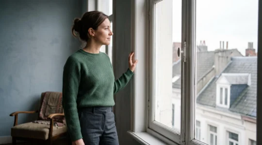 Silhouette d'une femme se tenant pres d'une fenetre d'une maison bruxelloise typique, evoquant le passage de l'ombre vers la lumiere apres une relation d'emprise