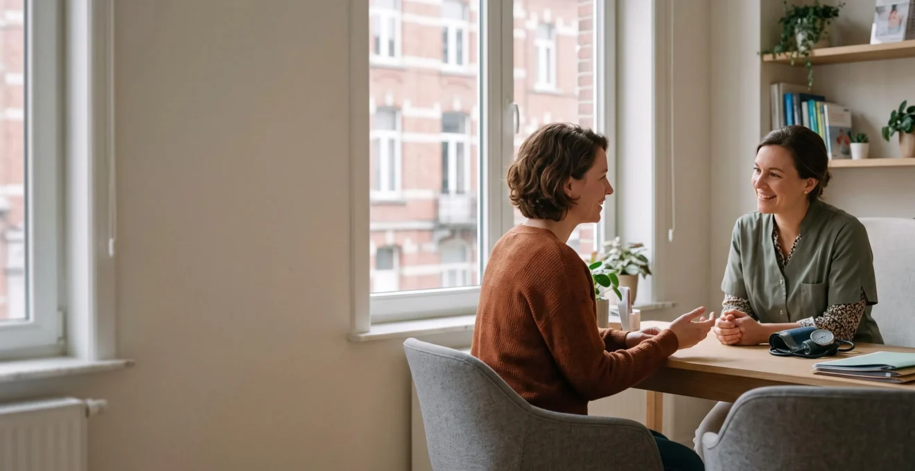 Femme souriante lors d'une consultation médicale lumineuse dans un cabinet belge, symbolisant un suivi santé accessible et serein