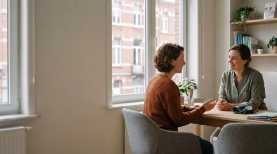Femme souriante lors d'une consultation médicale lumineuse dans un cabinet belge, symbolisant un suivi santé accessible et serein